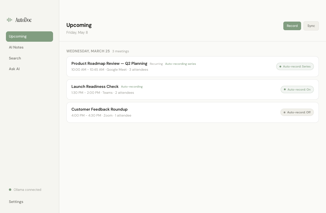 AutoDoc upcoming meetings and recording controls